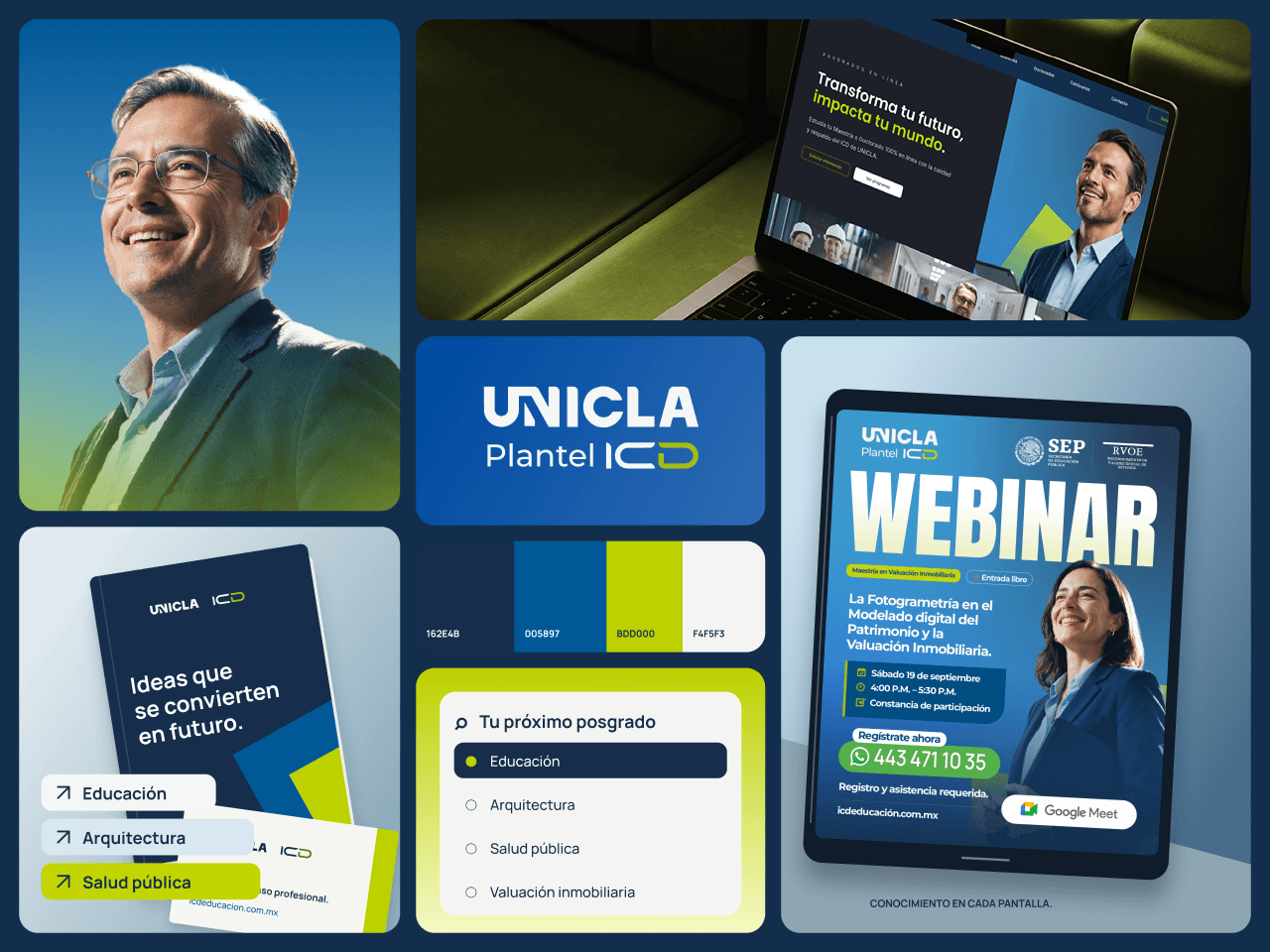 Secuencia de piezas publicitarias de ICD, plantel de UNICLA, para campañas de posgrados en Meta Ads