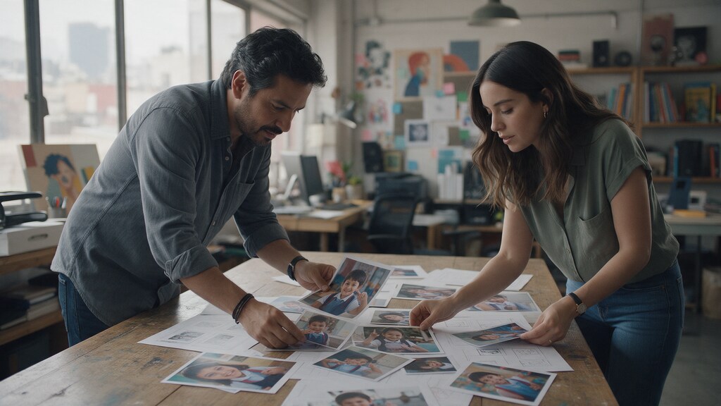 Equipo de agencia selecciona fotografías para la publicidad de una escuela