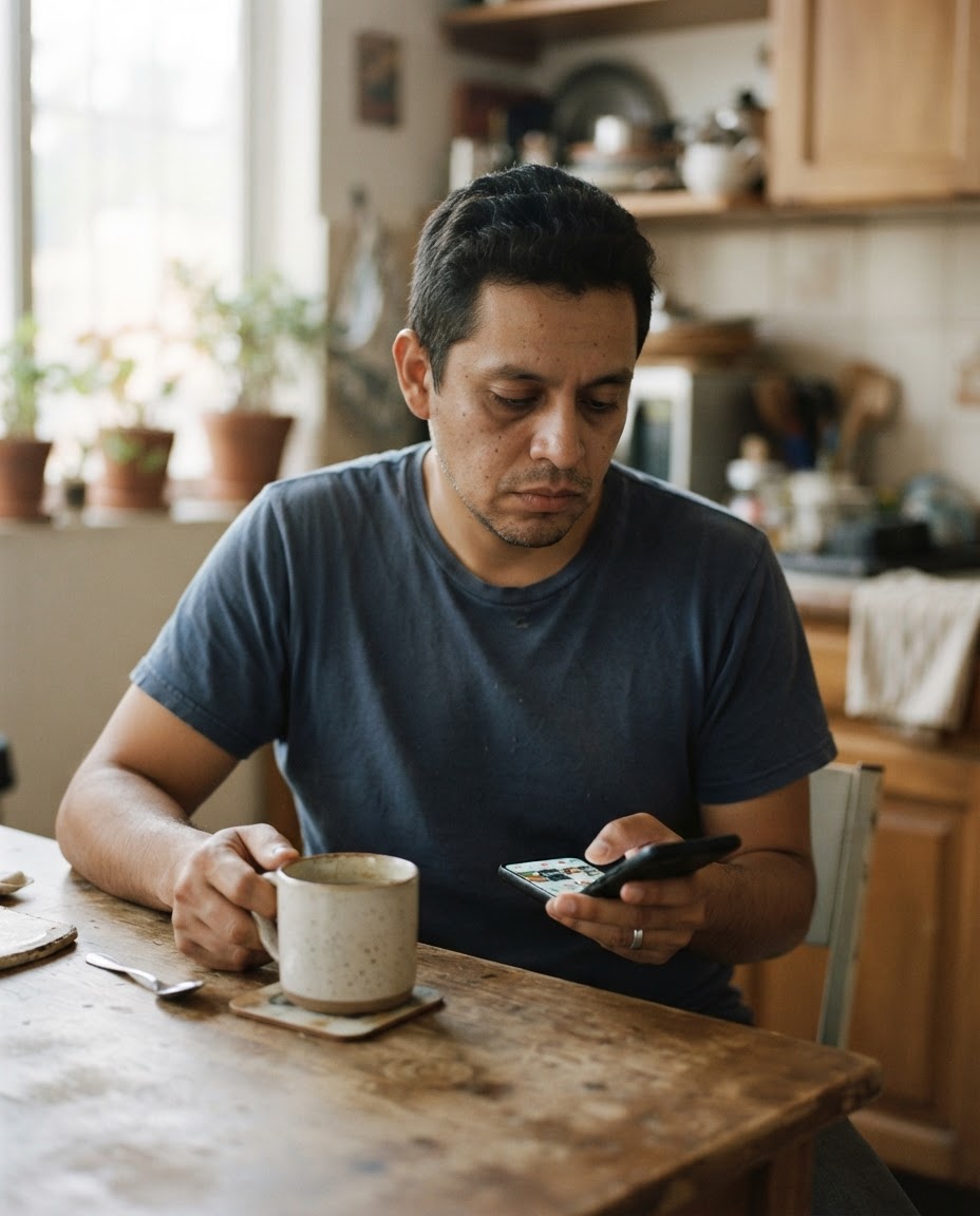 Papá de familia revisa anuncios repetidos en su celular