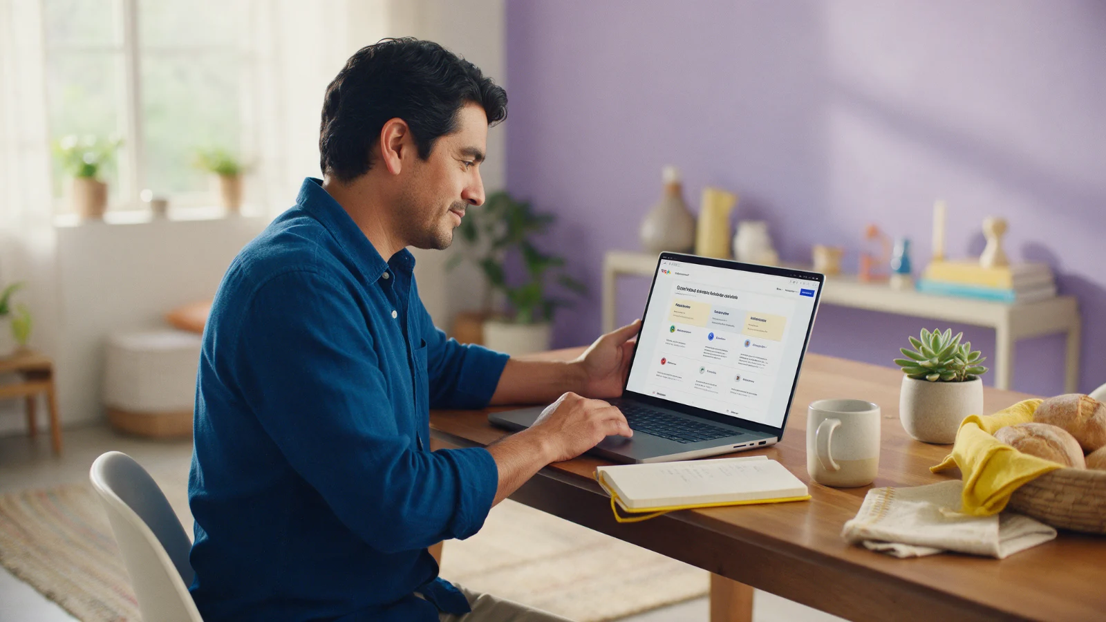 Papá compara escuelas en su laptop