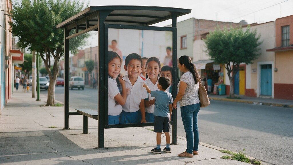 Mamá e hijo observan un cartel en la calle como parte de la publicidad de una escuela