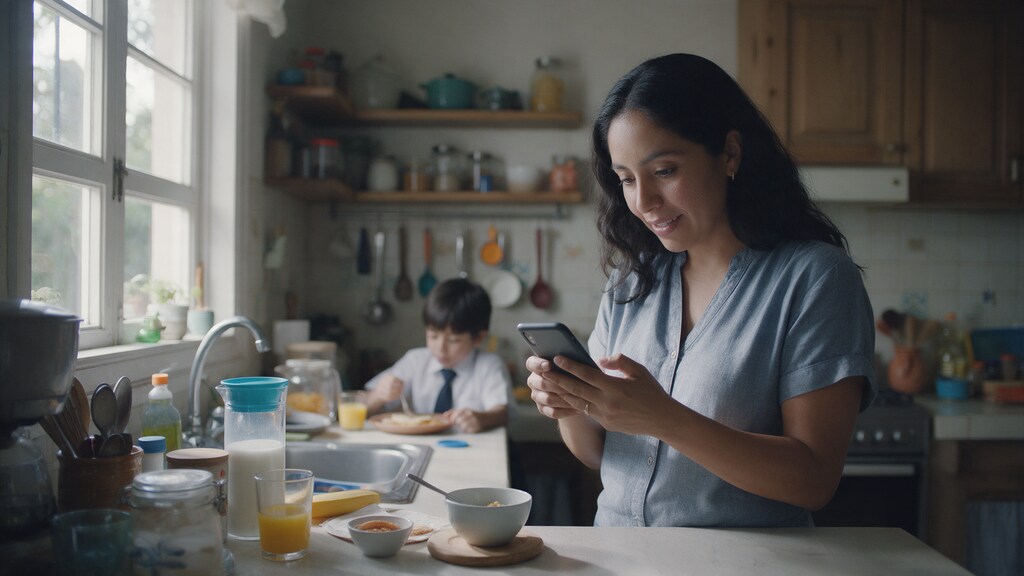 Campañas de Google Ads para escuelas: cómo configurarlas en 7 pasos (2026) 4 Mamá ve en su celular un anuncio de escuela de las campañas de Google Ads