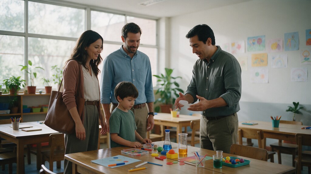 Maestro muestra un salón a una familia durante un open house para aumentar la matrícula escolar