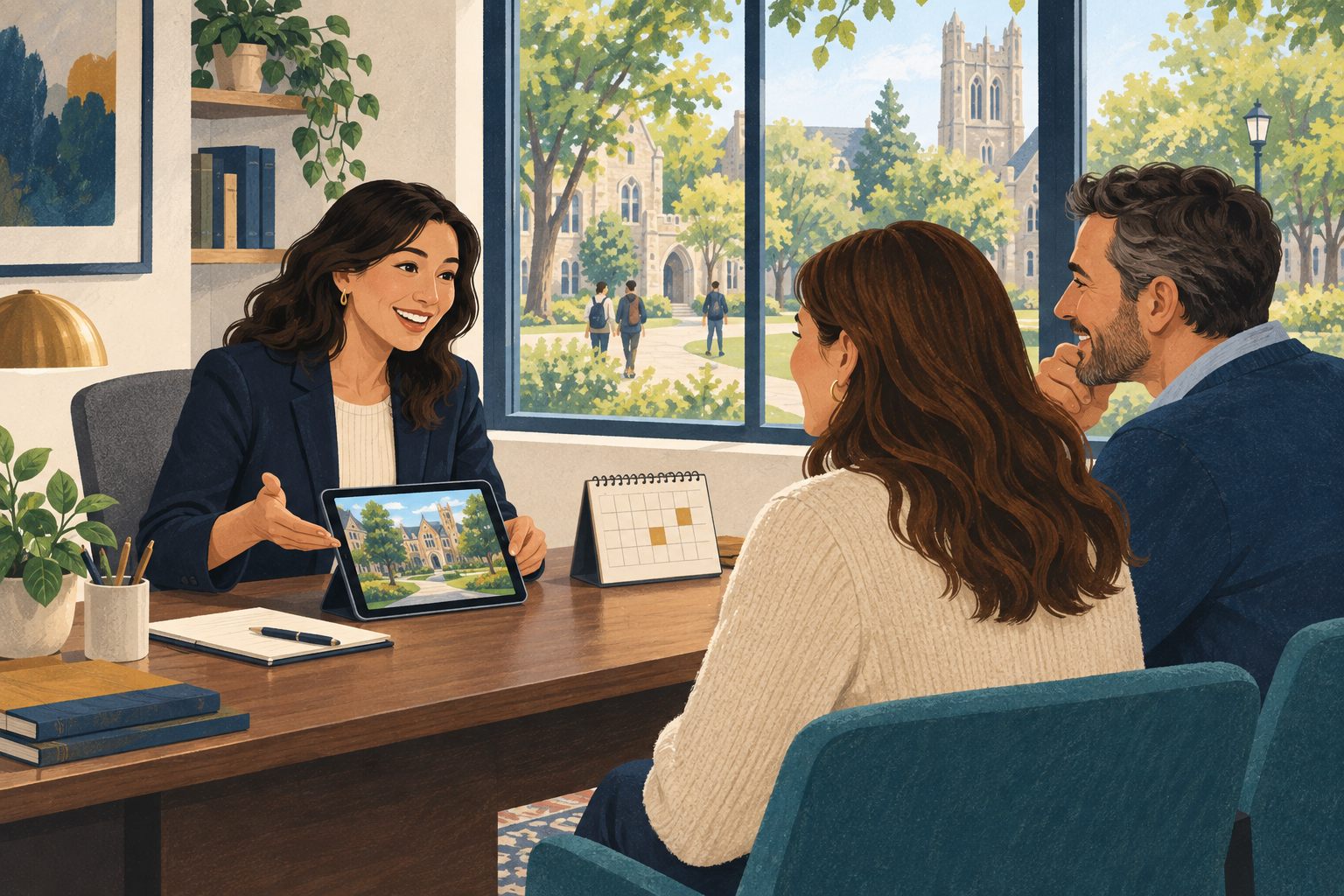 Ilustración de una asesora de admisiones conversando con una familia sobre una visita al campus.