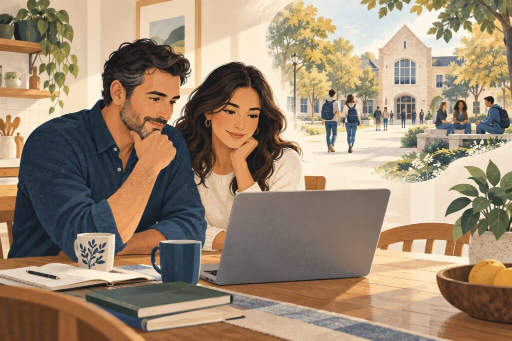 Ilustración de una familia consultando un sitio web escolar desde casa.