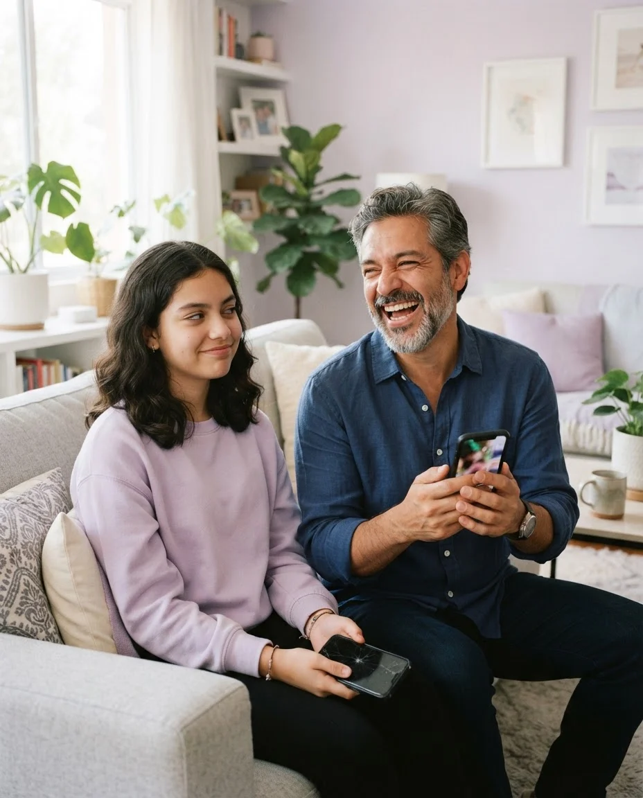 TikTok Ads para escuelas — papá viendo videos verticales junto a su hija